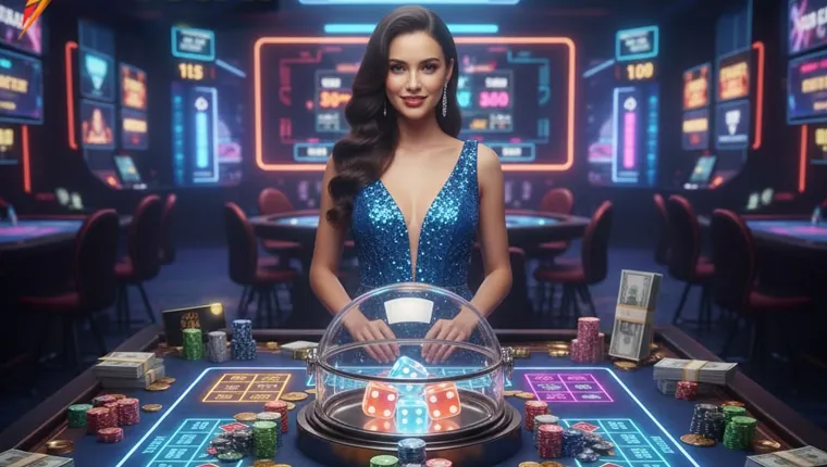 Elegant live casino table with a professional dealer and baccarat cards